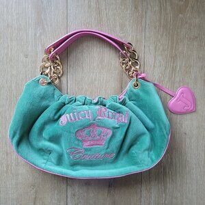 Juicy Couture Vintage Hobo Pink and Green Velour & Gold Hardware Purse
